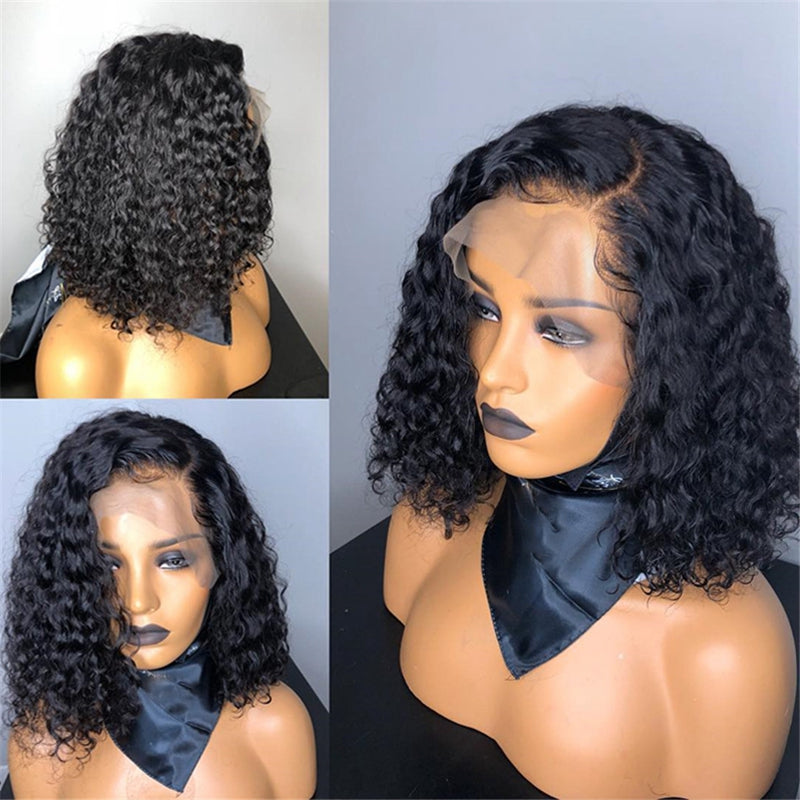 180% Density Deep Wave Human Hair Bob Wig HD Transparent Lace Front Wig Pre Plucked