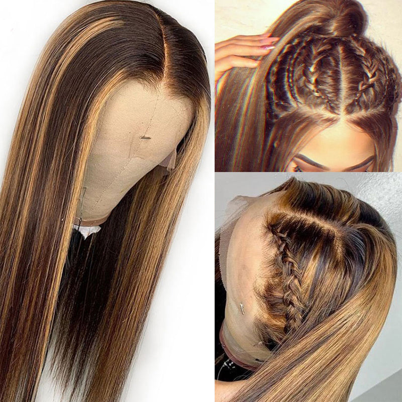 Ombre Highlight Color 4#/27# Stripes Human Hair 13x6 Transparent Lace Frontal Wigs
