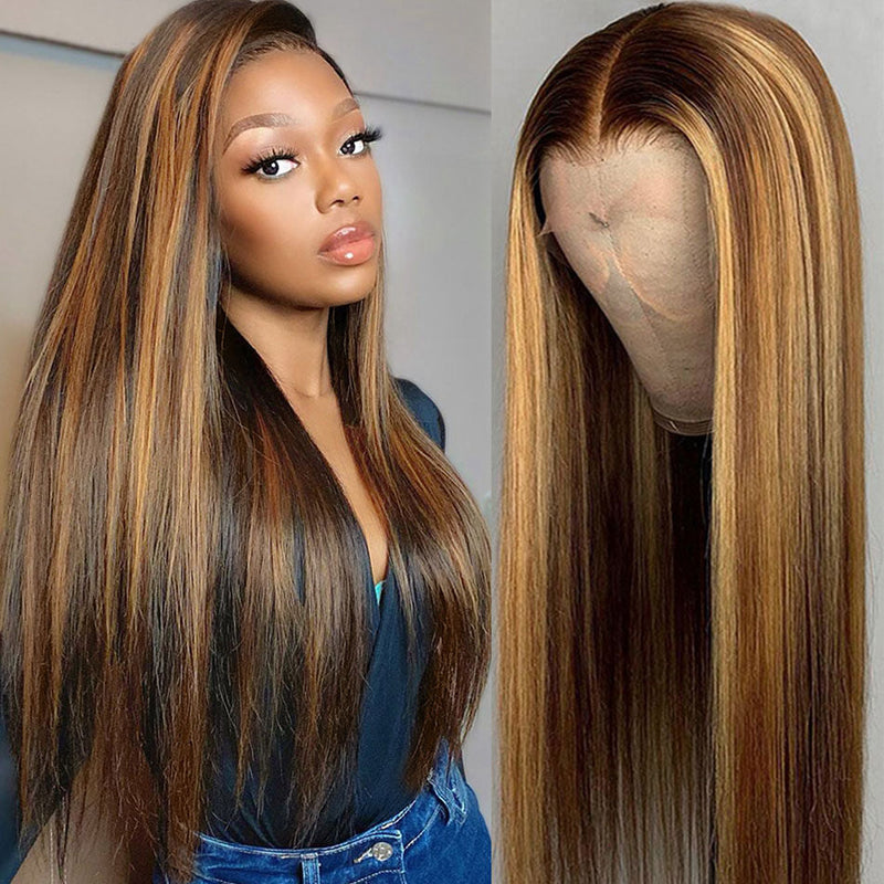 Wholesale Raw Brazilian Hair4/27# Piano Color Stripes Highlight Human Hair HD 13x4 Lace Wig Natural Straight Wave for Black Women