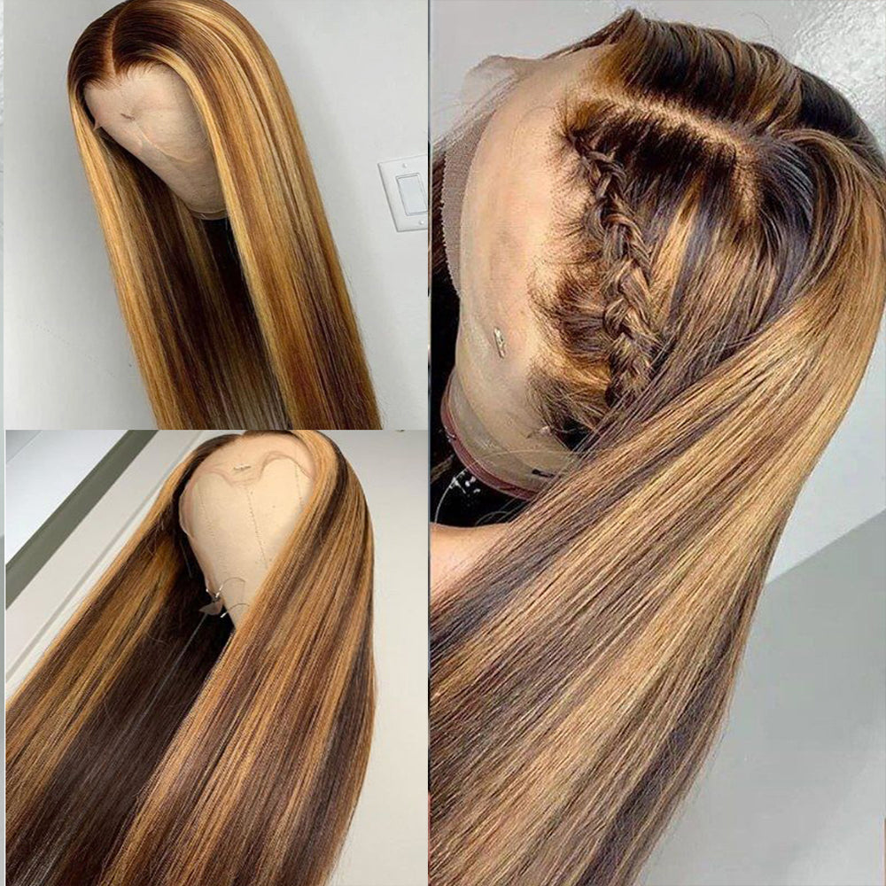 4#/27# Piano Color Stripes Highlight Human Hair HD 360 Lace Wig Natural Straight Wave