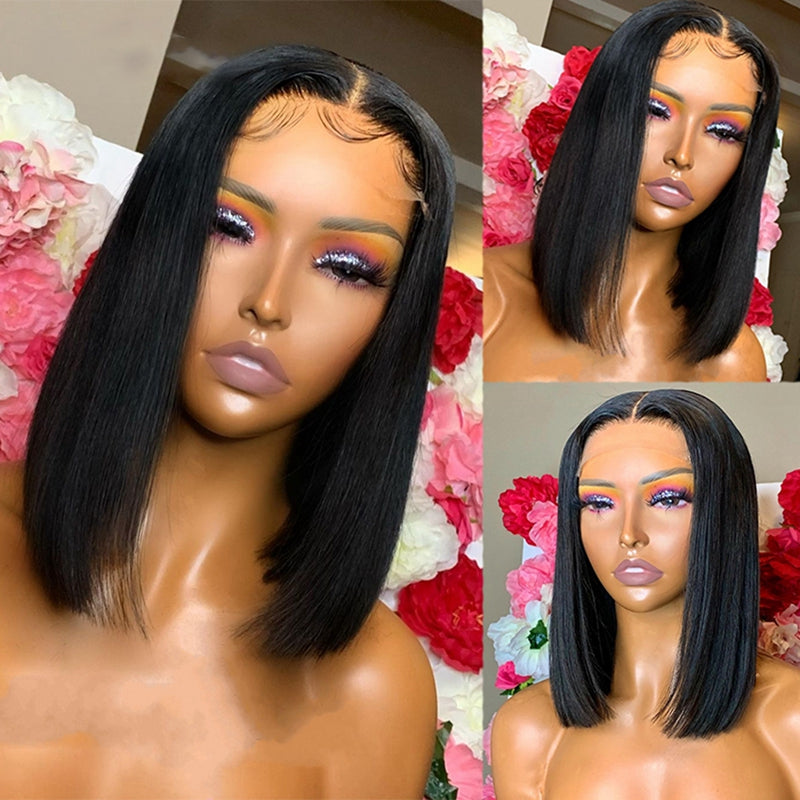 High Quality 180% Density Straight Short Bob Wig HD Lace Front Wig Pre Plucked