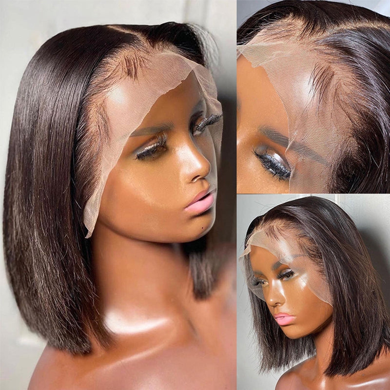 180% Density High Quality Straight Human Hair Short Bob Wig HD Lace Front Wig Pre Plucked