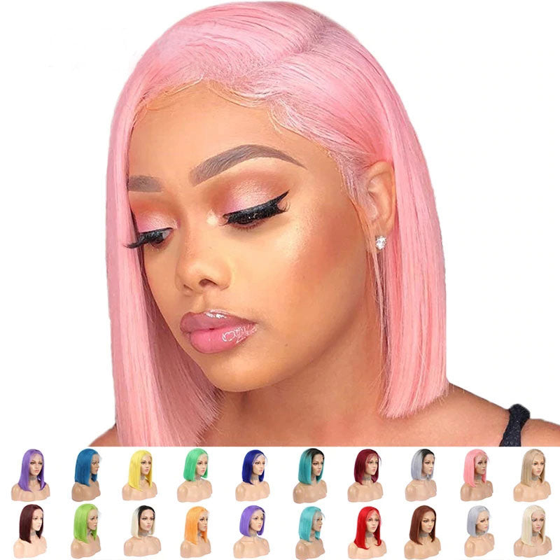 Pre Plucked Pink Bob Lace Front Wig Blonde Red Purple Blue Color Frontal Wig