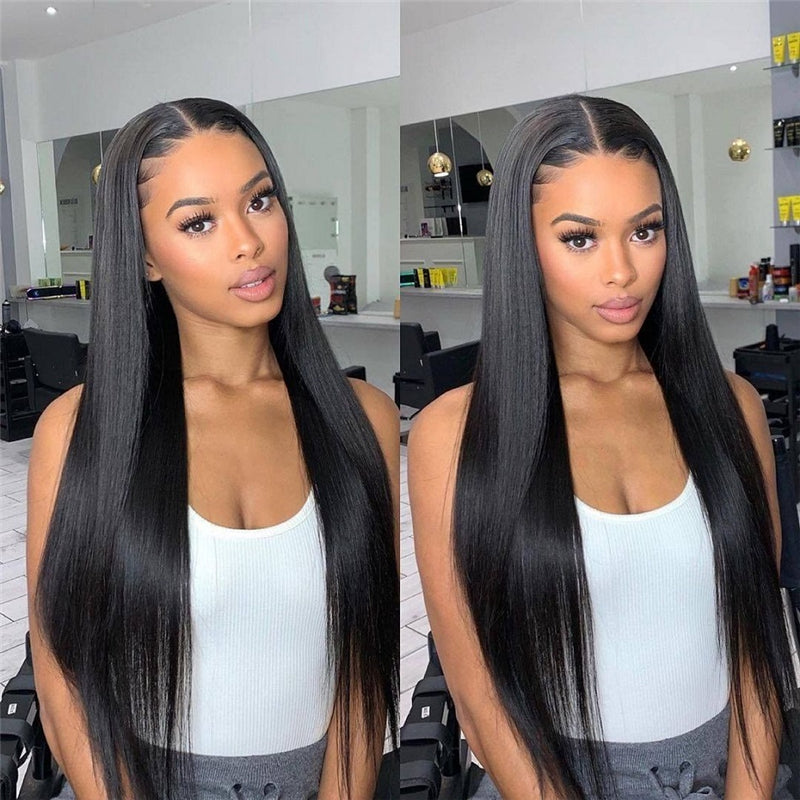 180% Density Straight Human Hair HD Transparent Lace Front Wig Pre Plucked