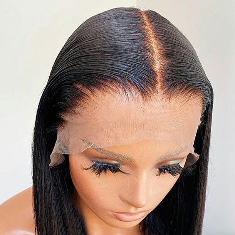100% Virgin Human Hair HD Transparent Straight Lace Front Wig Pre Plucked 180% Density