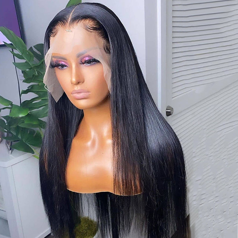 100% Virgin Human Hair HD Transparent Straight Lace Front Wig Pre Plucked 180% Density