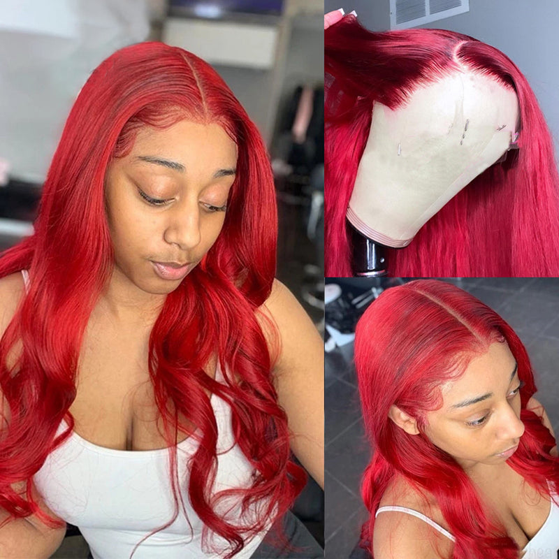 180% Density 99J# Burgundy Body Wave Lace Front Wig Hd Transparent  Red Lace Frontal Wig