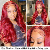 180% Density Body Wave Red Lace Front Wig Hd Transparent Lace 99J# Burgundy