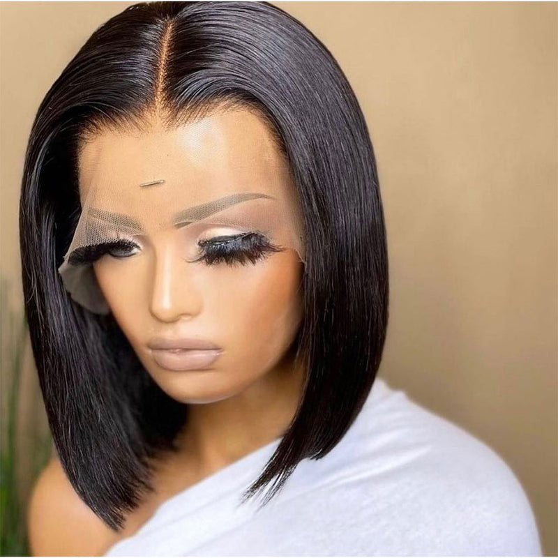 High Quality 180% Density Straight Real Human Hair Short Bob Wig HD Lace Front Wig Pre Plucked